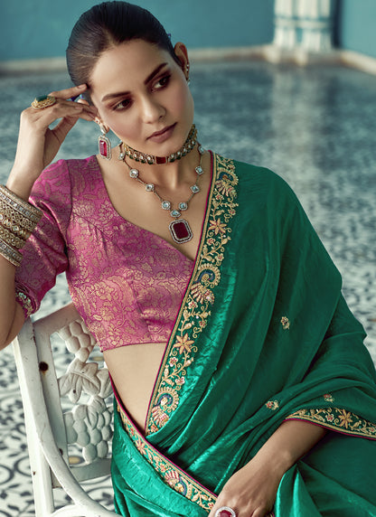 Green Glass Tissue Embroidery & Sequence Work Designer Saree