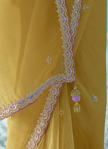 Mustard Glass Tissue Embroidery & Sequence Work Designer Saree
