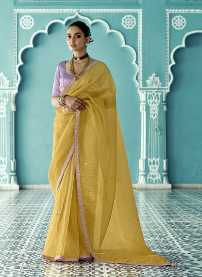 Mustard Glass Tissue Embroidery & Sequence Work Designer Saree