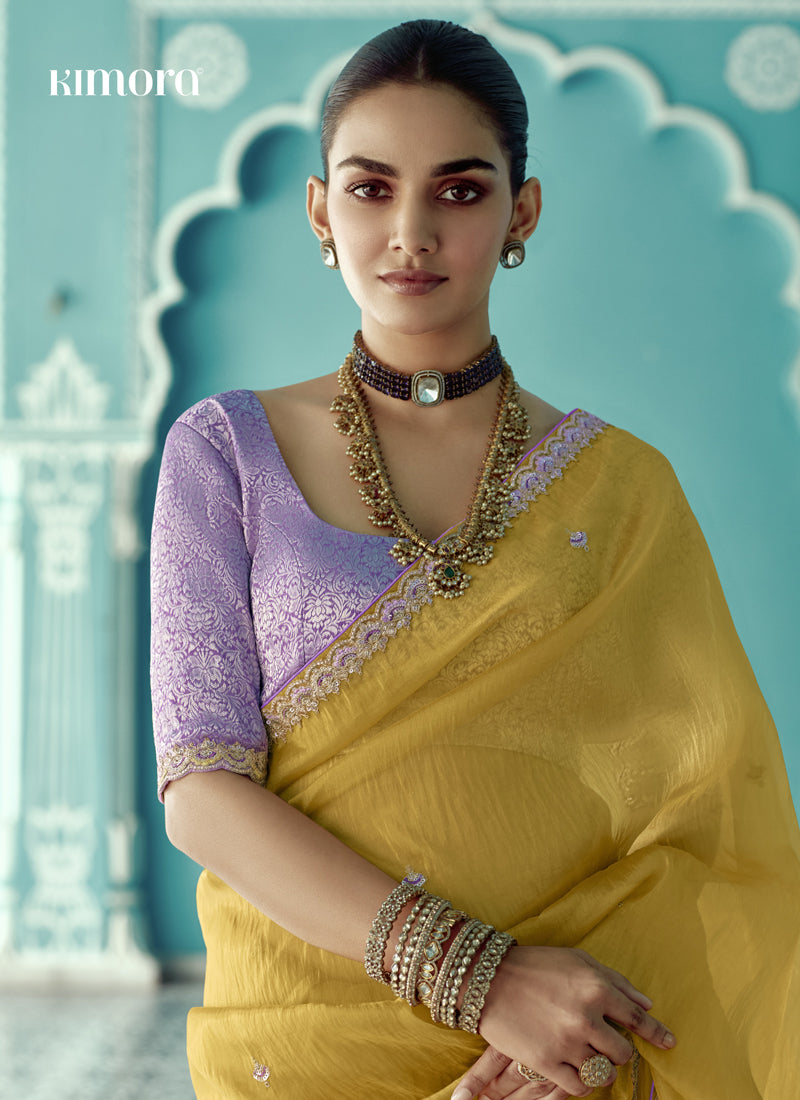 Mustard Glass Tissue Embroidery & Sequence Work Designer Saree