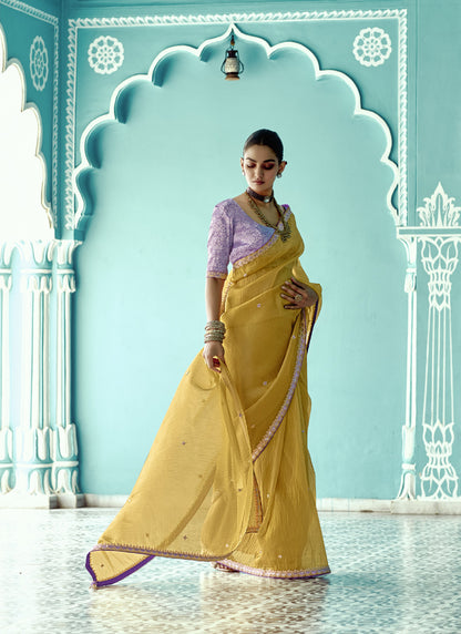 Mustard Glass Tissue Embroidery & Sequence Work Designer Saree