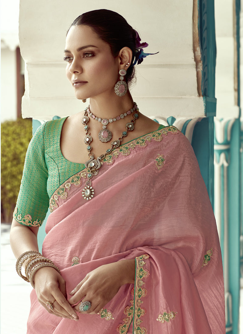 Peach Glass Tissue Embroidery & Sequence Work Designer Saree