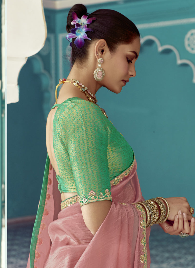 Peach Glass Tissue Embroidery & Sequence Work Designer Saree