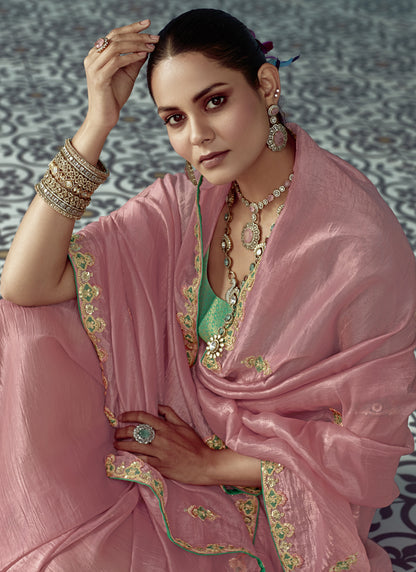 Peach Glass Tissue Embroidery & Sequence Work Designer Saree