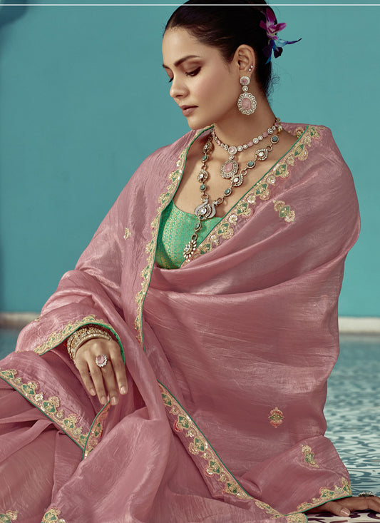 Peach Glass Tissue Embroidery & Sequence Work Designer Saree