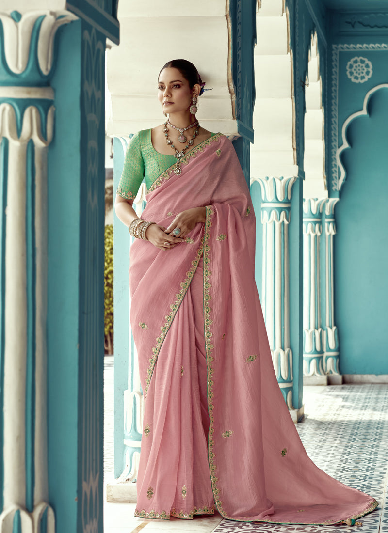 Peach Glass Tissue Embroidery & Sequence Work Designer Saree