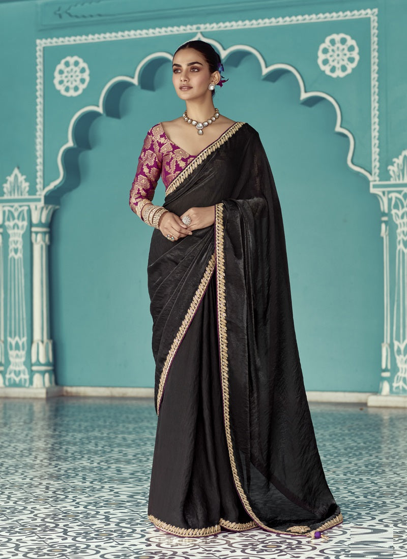 Black Glass Tissue Embroidery Designer Saree