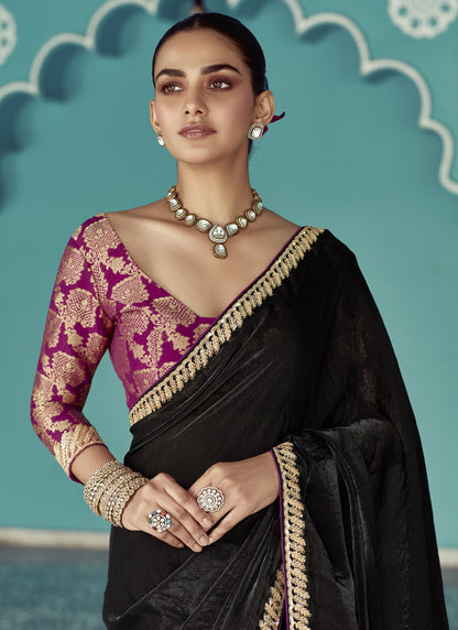 Black Glass Tissue Embroidery Designer Saree