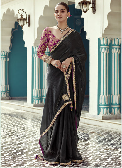 Black Glass Tissue Embroidery Designer Saree