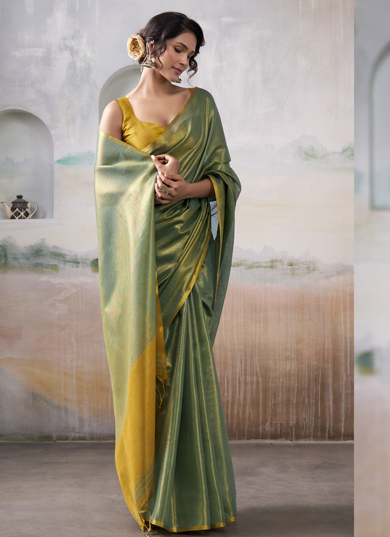 Olive Tissue Silk With Beautiful Tussle Festival Wear Saree