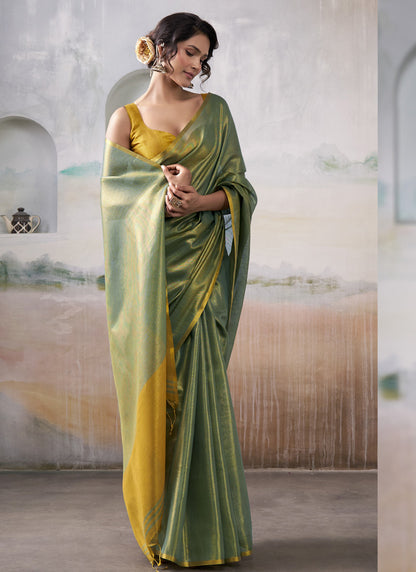 Olive Tissue Silk With Beautiful Tussle Festival Wear Saree