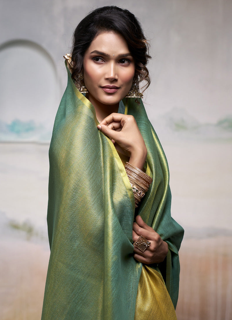 Olive Tissue Silk With Beautiful Tussle Festival Wear Saree