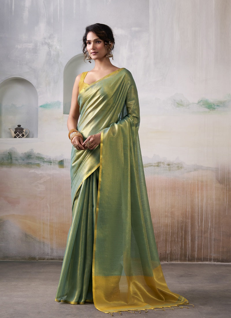 Olive Tissue Silk With Beautiful Tussle Festival Wear Saree