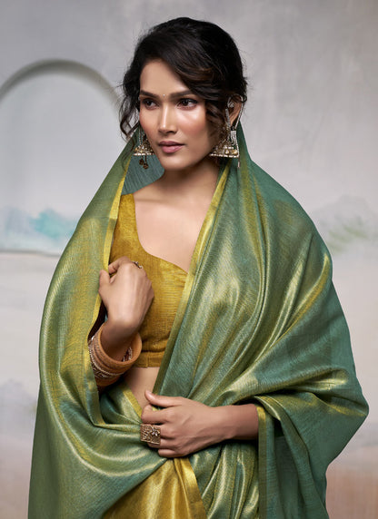 Olive Tissue Silk With Beautiful Tussle Festival Wear Saree