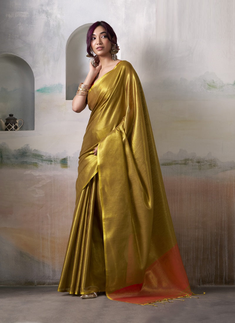 Golden Tissue Silk With Beautiful Tussle Festival Wear Saree