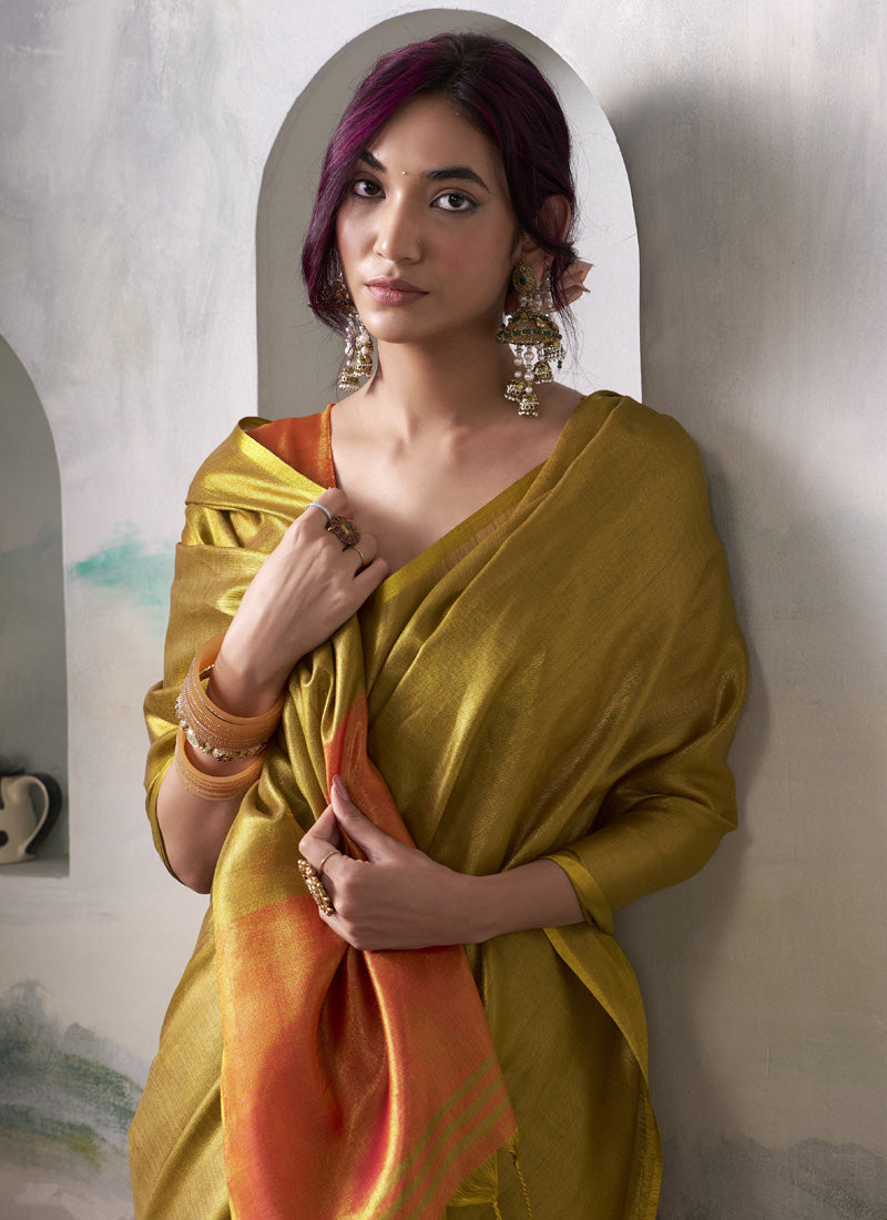 Golden Tissue Silk With Beautiful Tussle Festival Wear Saree
