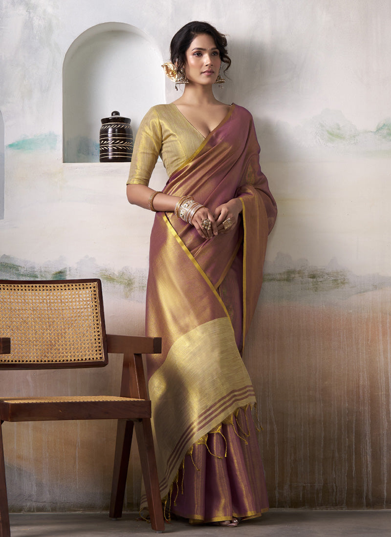 Brown Tissue Silk With Beautiful Tussle Festival Wear Saree