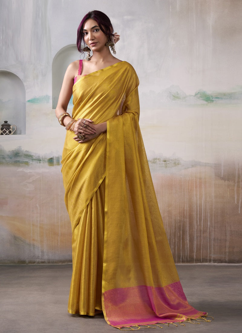 Mustard Tissue Silk With Beautiful Tussle Festival Wear Saree