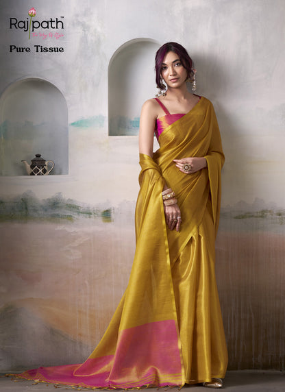 Mustard Tissue Silk With Beautiful Tussle Festival Wear Saree
