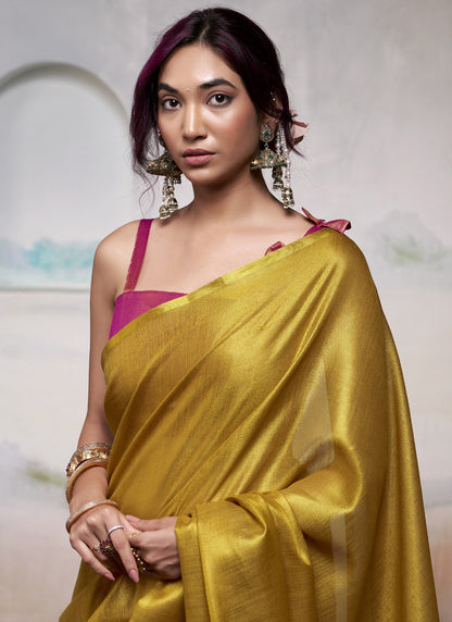 Mustard Tissue Silk With Beautiful Tussle Festival Wear Saree