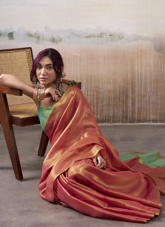 Salmon Tissue Silk With Beautiful Tussle Festival Wear Saree