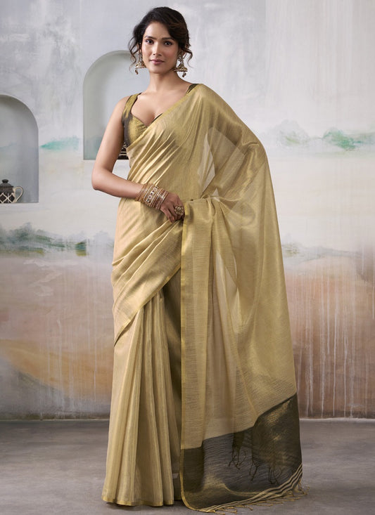 Beige Tissue Silk With Beautiful Tussle Festival Wear Saree