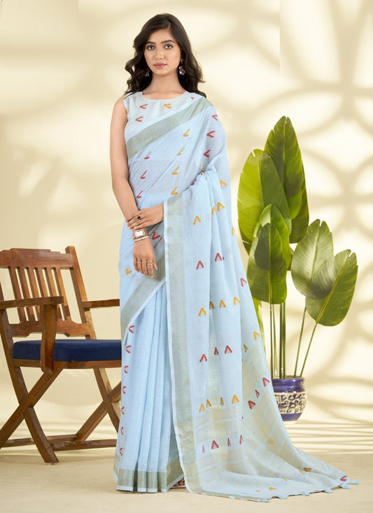 Linen Cotton With Woven Border & Multicolor Embroidery Saree