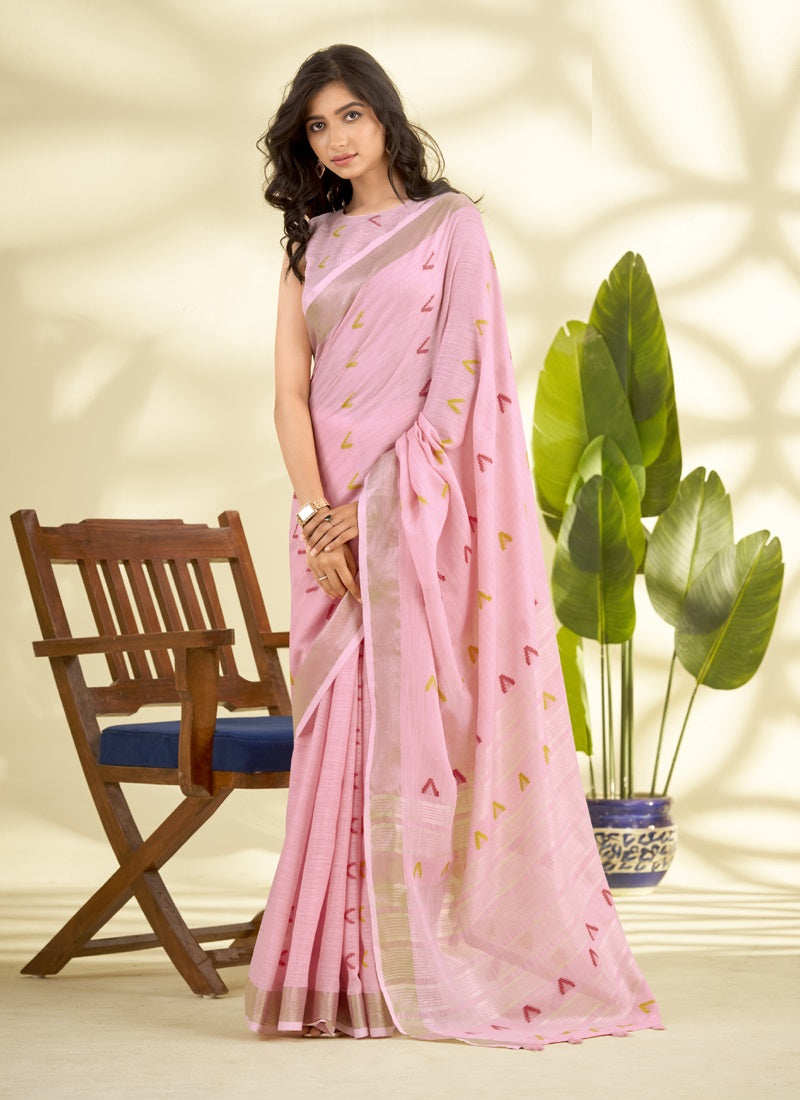 Linen Cotton With Woven Border & Multicolor Embroidery Saree