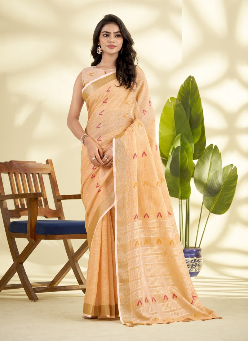 Linen Cotton With Woven Border & Multicolor Embroidery Saree