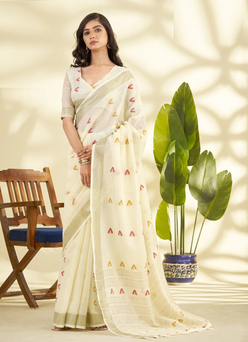 Linen Cotton With Woven Border & Multicolor Embroidery Saree