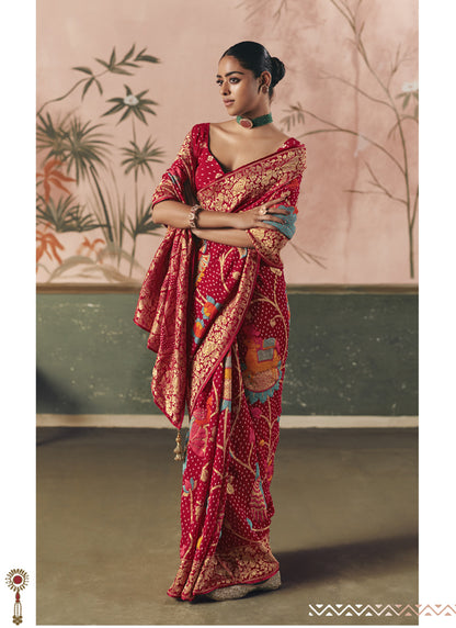 Blood Red Khadi Georgette With Designer Weaving Work & Beautiful Tassels Bandhani Saree