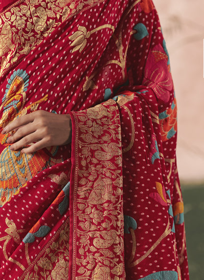 Blood Red Khadi Georgette With Designer Weaving Work & Beautiful Tassels Bandhani Saree