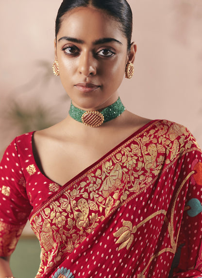 Blood Red Khadi Georgette With Designer Weaving Work & Beautiful Tassels Bandhani Saree