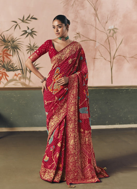 Blood Red Khadi Georgette With Designer Weaving Work & Beautiful Tassels Bandhani Saree