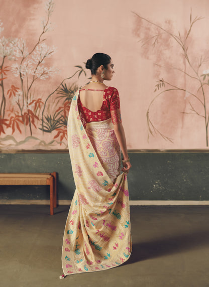 Off-White Khadi Georgette With Designer Weaving Work & Beautiful Tassels Bandhani Saree