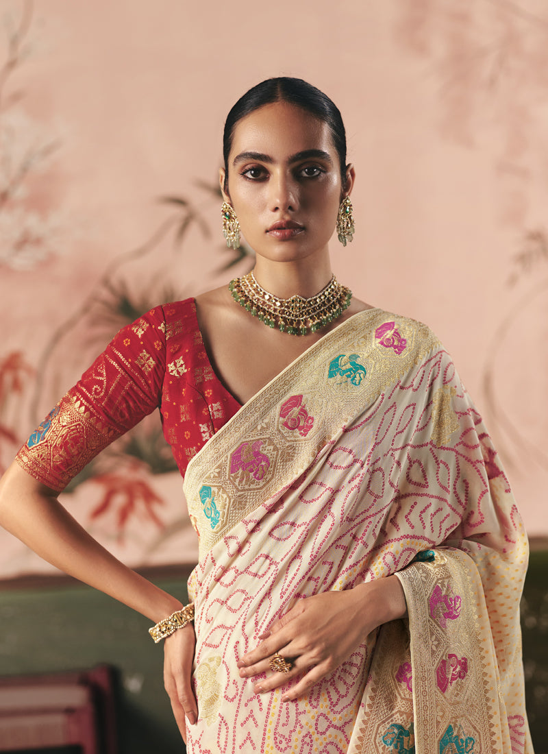 Off-White Khadi Georgette With Designer Weaving Work & Beautiful Tassels Bandhani Saree