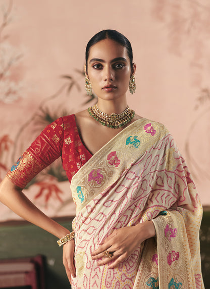Off-White Khadi Georgette With Designer Weaving Work & Beautiful Tassels Bandhani Saree