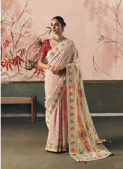 Off-White Khadi Georgette With Designer Weaving Work & Beautiful Tassels Bandhani Saree