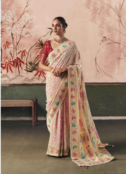 Off-White Khadi Georgette With Designer Weaving Work & Beautiful Tassels Bandhani Saree