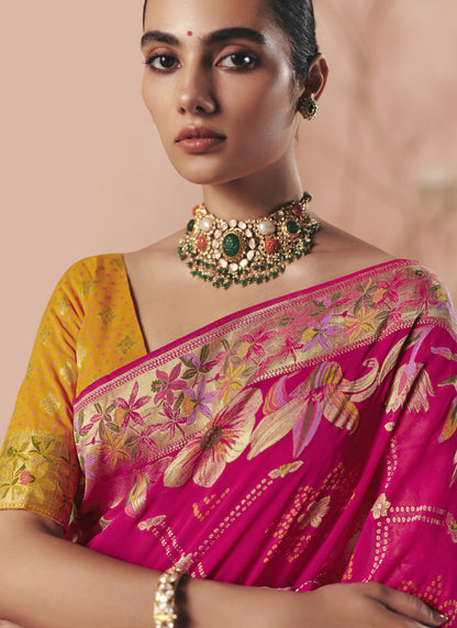 Rani Pink Khadi Georgette With Designer Weaving Work & Beautiful Tassels Bandhani Saree