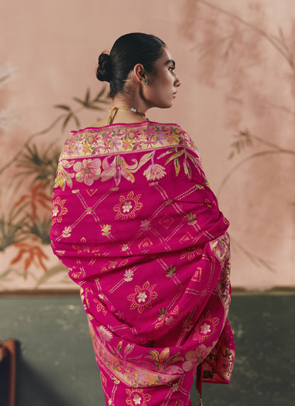 Rani Pink Khadi Georgette With Designer Weaving Work & Beautiful Tassels Bandhani Saree