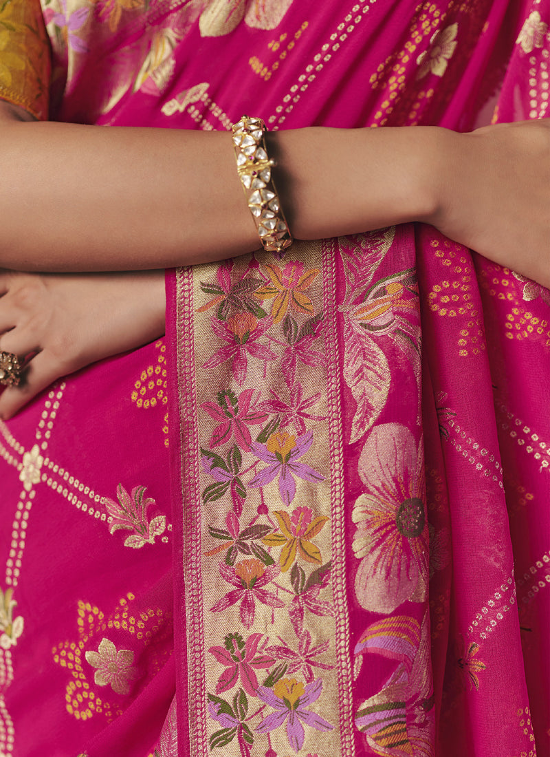 Rani Pink Khadi Georgette With Designer Weaving Work & Beautiful Tassels Bandhani Saree