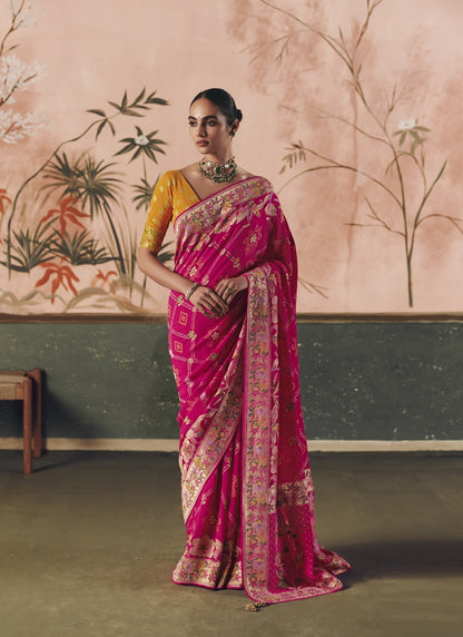 Rani Pink Khadi Georgette With Designer Weaving Work & Beautiful Tassels Bandhani Saree