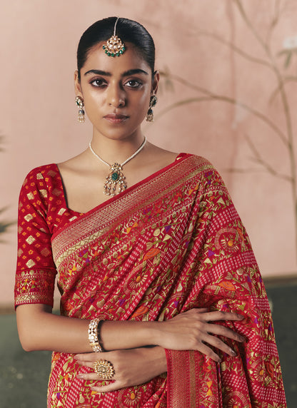 Red Khadi Georgette With Designer Weaving Work & Beautiful Tassels Bandhani Saree