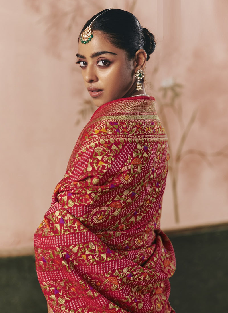 Red Khadi Georgette With Designer Weaving Work & Beautiful Tassels Bandhani Saree