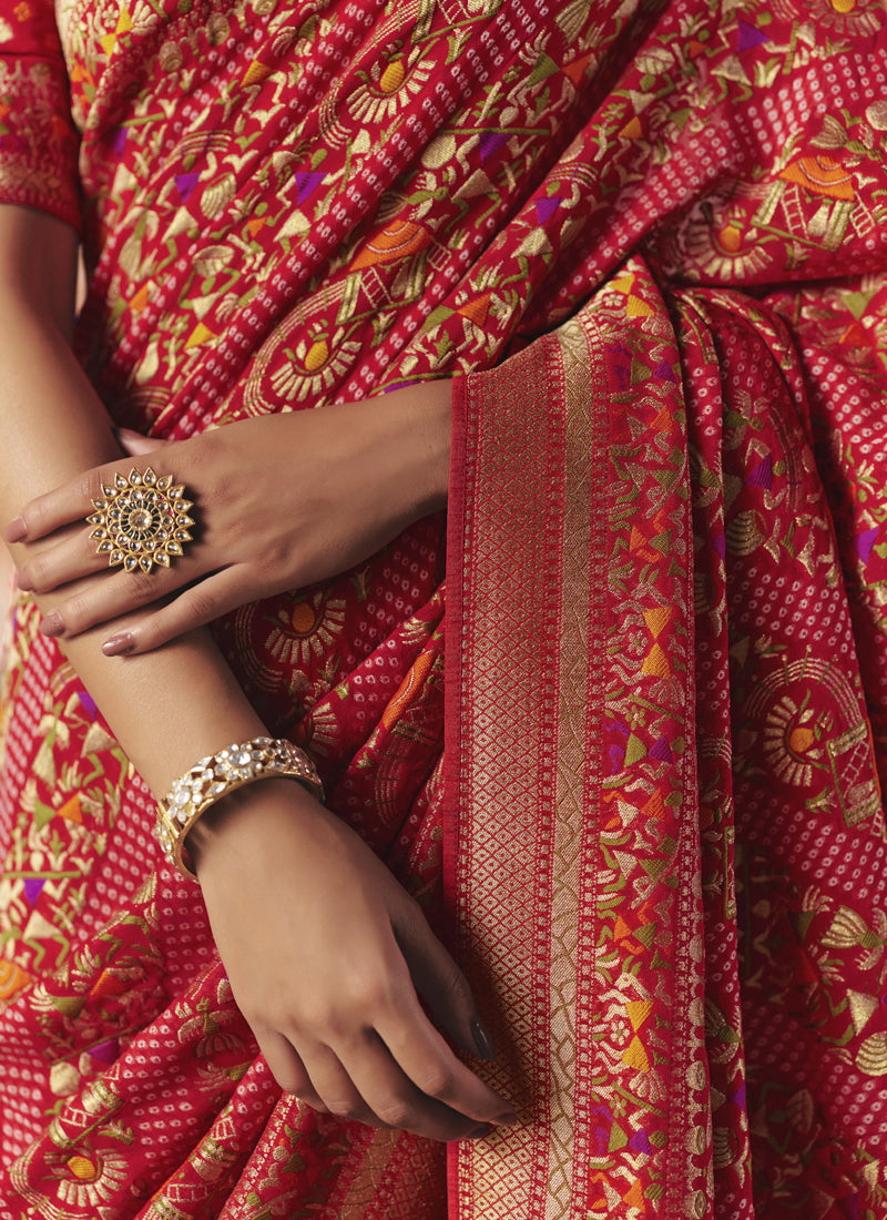 Red Khadi Georgette With Designer Weaving Work & Beautiful Tassels Bandhani Saree