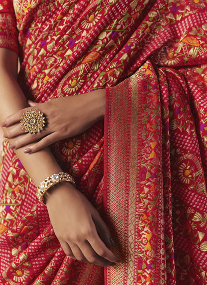 Red Khadi Georgette With Designer Weaving Work & Beautiful Tassels Bandhani Saree