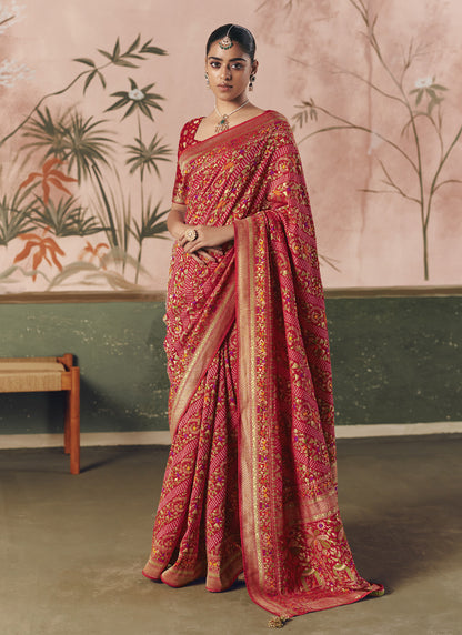 Red Khadi Georgette With Designer Weaving Work & Beautiful Tassels Bandhani Saree