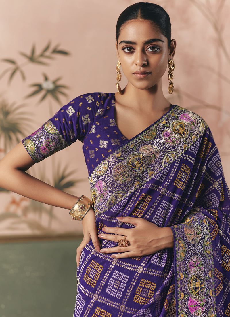 Purple Khadi Georgette With Designer Weaving Work & Beautiful Tassels Bandhani Saree