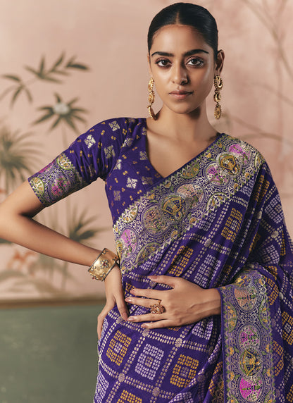 Purple Khadi Georgette With Designer Weaving Work & Beautiful Tassels Bandhani Saree